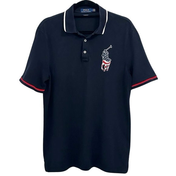 Ralph Lauren Polo Shirt Big Pony Logo American Flag Design Medium Navy Blue - Picture 2 of 7